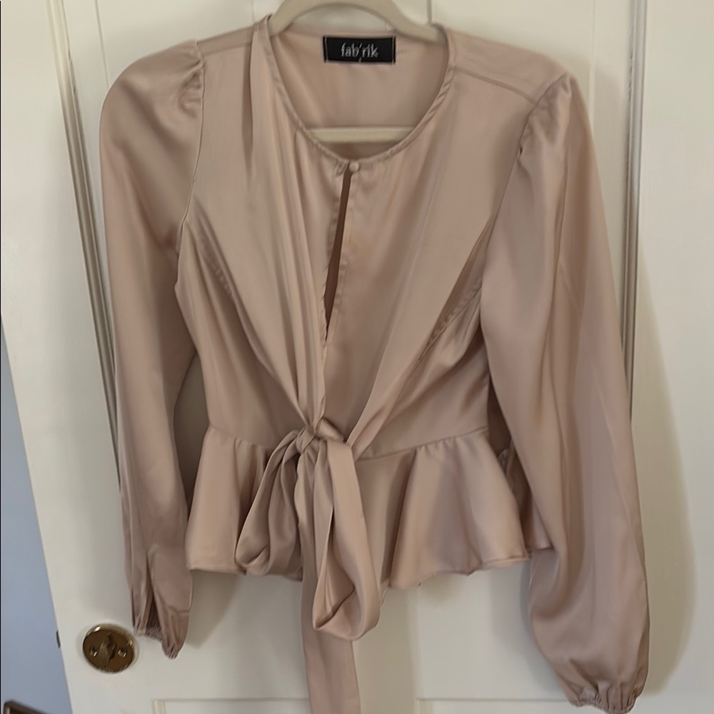 fab'rik Pink Peplum Blouse with Tie Front and Long Sleeves